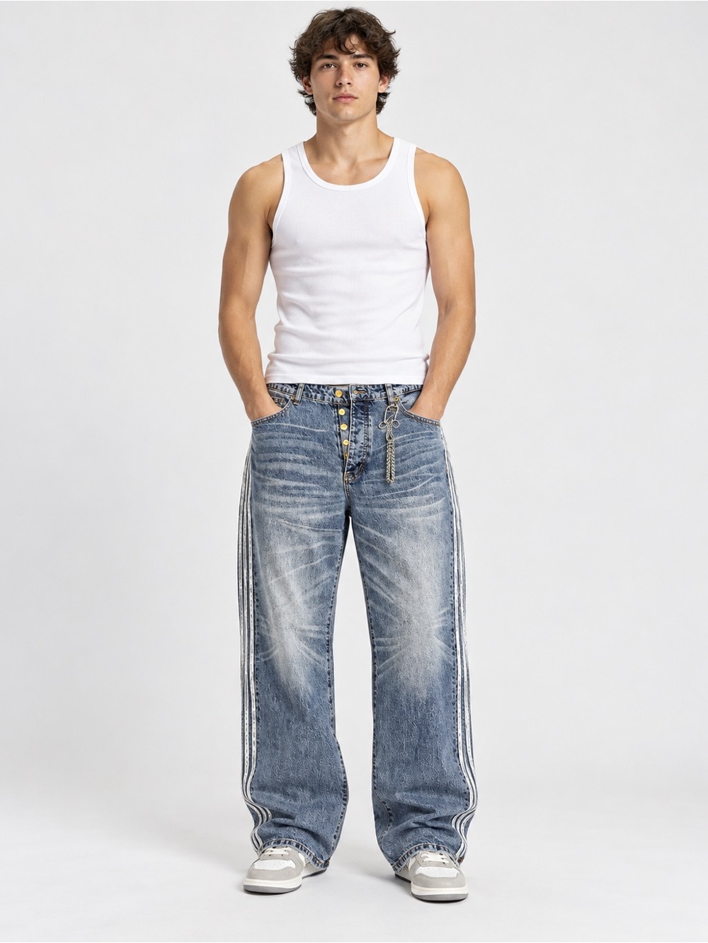 ALIVE Brand XL Y2K Baggy Jeans Blue Acid Wash Triple Side Stripe Button Fly